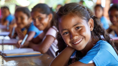 Smiling schoolchild taking notes while studying