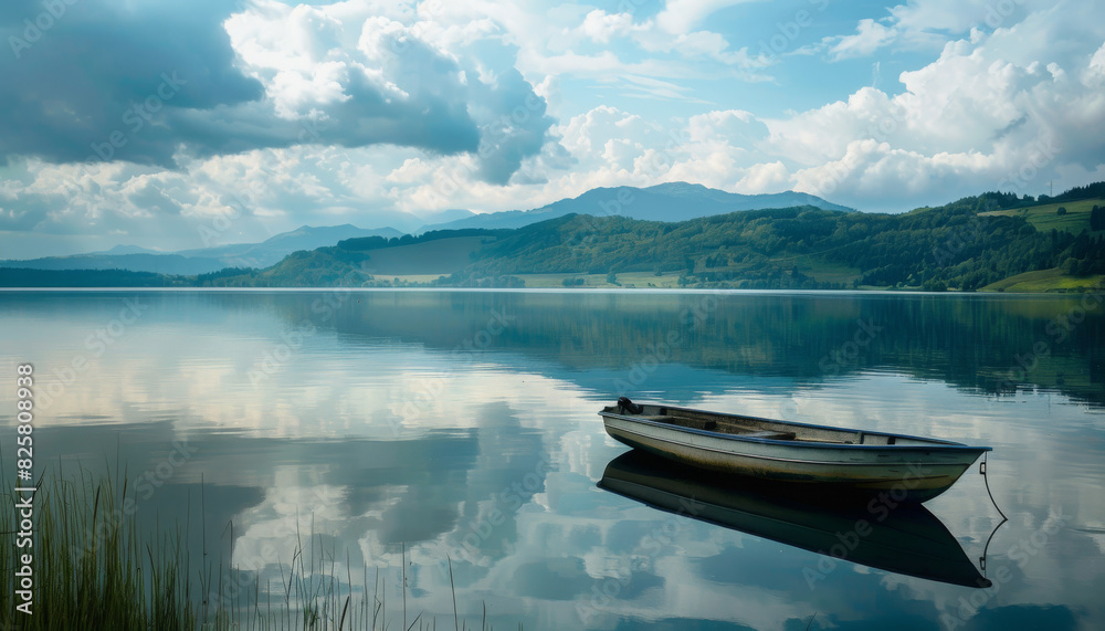 A small boat peacefully floating on a vast lake surrounded by a beautiful landscape A small boat peacefully floating on a vast lake surrounded by a beautiful landscape