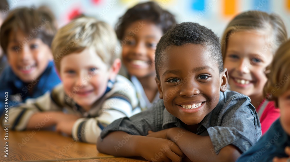 Elementary school boy smiles in class while hanging out with friends Elementary school boy smiles in class while hanging out with friends