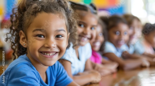 Elementary school boy smiles in class while hanging out with friends