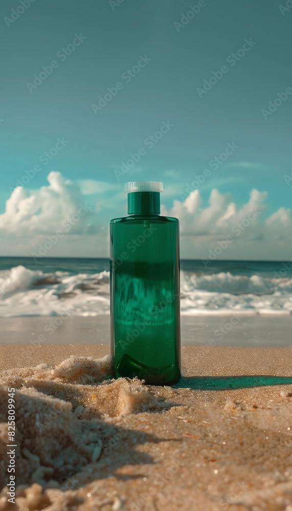 Green bottle on a sandy beach with ocean waves in the background. Green bottle on a sandy beach with ocean waves in the background.