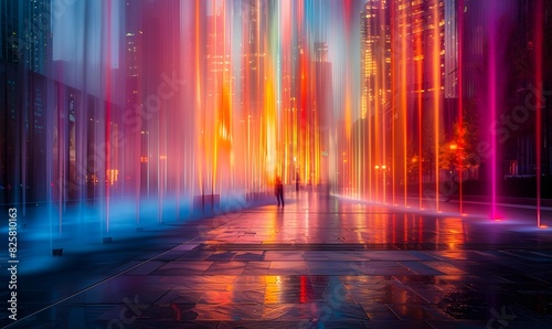movement and energy of vertical light streaks cascading down the image  with dynamic colors and patterns