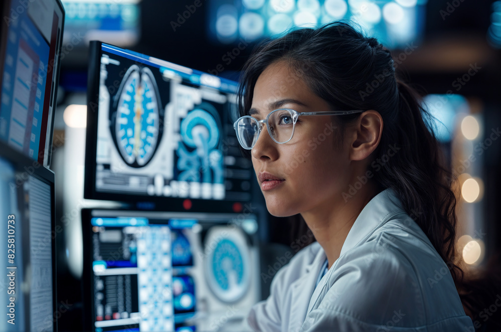 female doctor looking at mri scans on computer screen in the hospital office female doctor looking at mri scans on computer screen in the hospital office