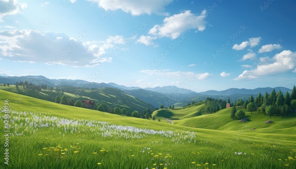 Fototapeta premium A stunning spring day landscaping views of fertile land surrounded beautiful green vegetation, wide stretches of hills and mountains with clear skies in spring