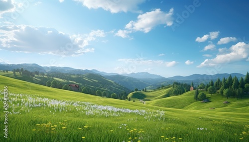 A stunning spring day landscaping views of fertile land surrounded beautiful green vegetation, wide stretches of hills and mountains with clear skies in spring