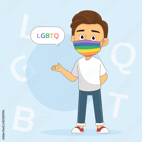 Young man character in protection face mask LGBTQ