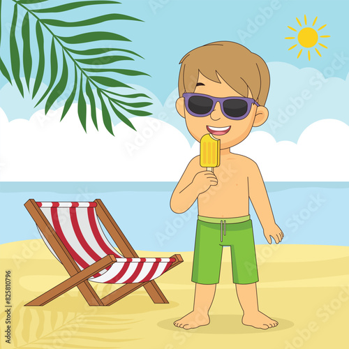 Boy eating ice cream on beach