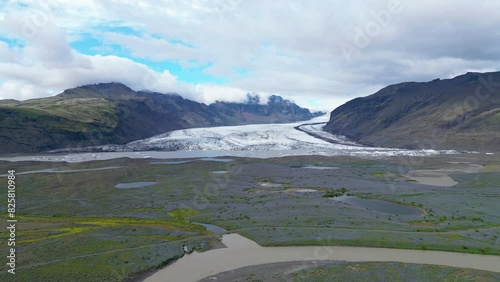 Aerial top view of iceberg and glacier in Iceland photo