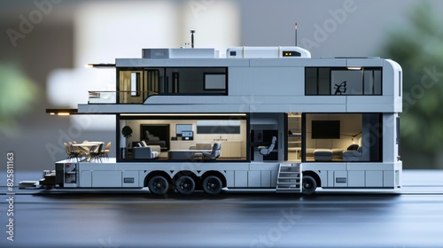 Step into the future of mobile living with our high-detail 3D model of a two-story smart home on wheels, equipped with state-of-the-art amenities and conveniences