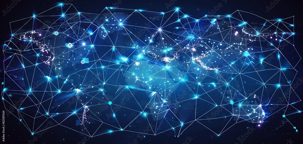 Fototapeta premium Abstract world map made of connected lines and dots with glowing nodes.