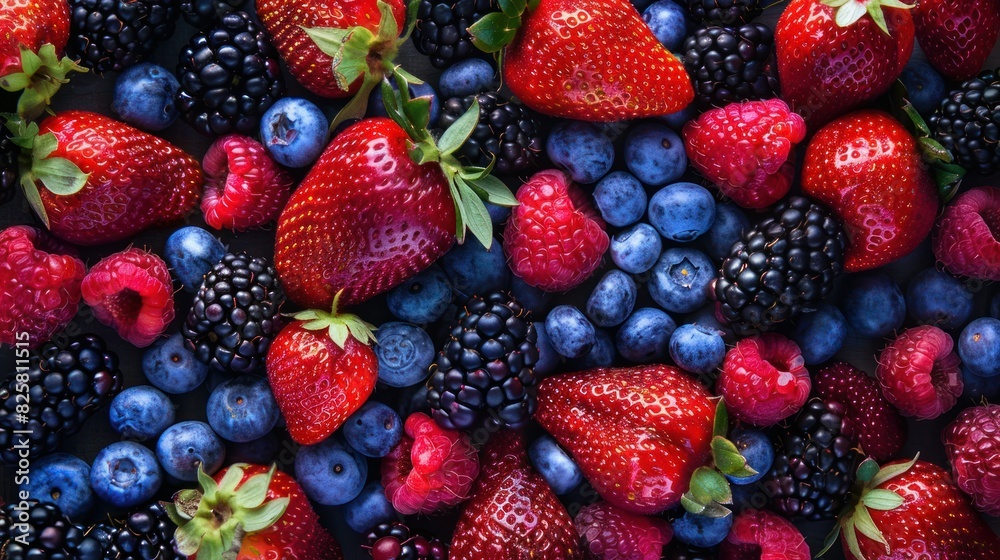 It's a vibrant collection of ripe berries that includes strawberries, blackberries, raspberries, and blueberries. It's a vibrant collection of ripe berries that includes strawberries, blackberries, raspberries, and blueberries.