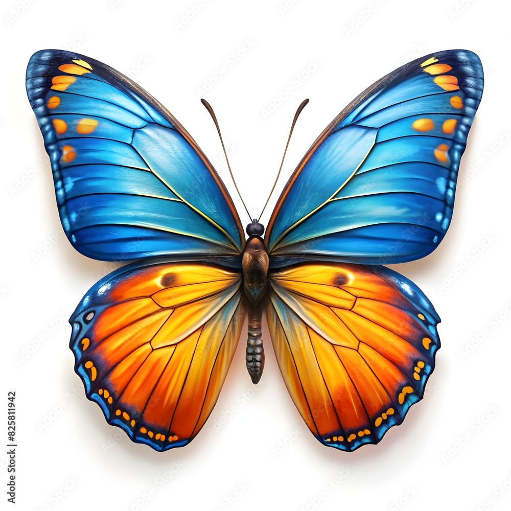 a blue butterfly with orange and yellow wings is s