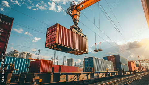 A crane is hoisting a shipping container onto a freight train, demonstrating intermodal transportation efficiency 