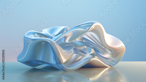 3D rendering of a blue and silver abstract shape. The shape is made of smooth, curved surfaces and has a reflective sheen.