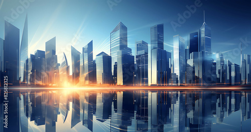 Modern skyscrapers of a smart city  futuristic financial district with buildings and reflections.