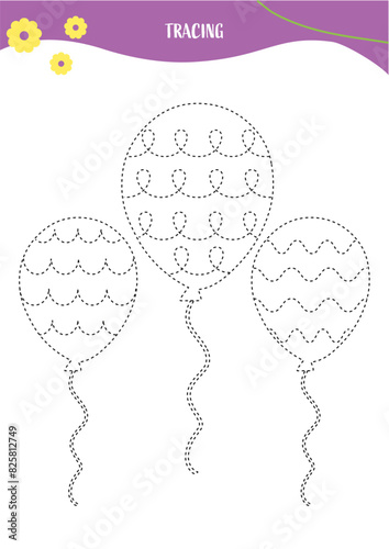 Balloon Trace and color | Basic Tracing for kids. Preschool tracing worksheet for handwriting motor skills. Hand-eye Coordination motor skills for children.
