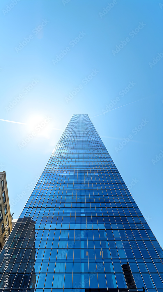 Modern Skyscraper with Sleek Glass Facade Reflecting Cityscape Under Bright Blue Sky - Contemporary Urban Architecture