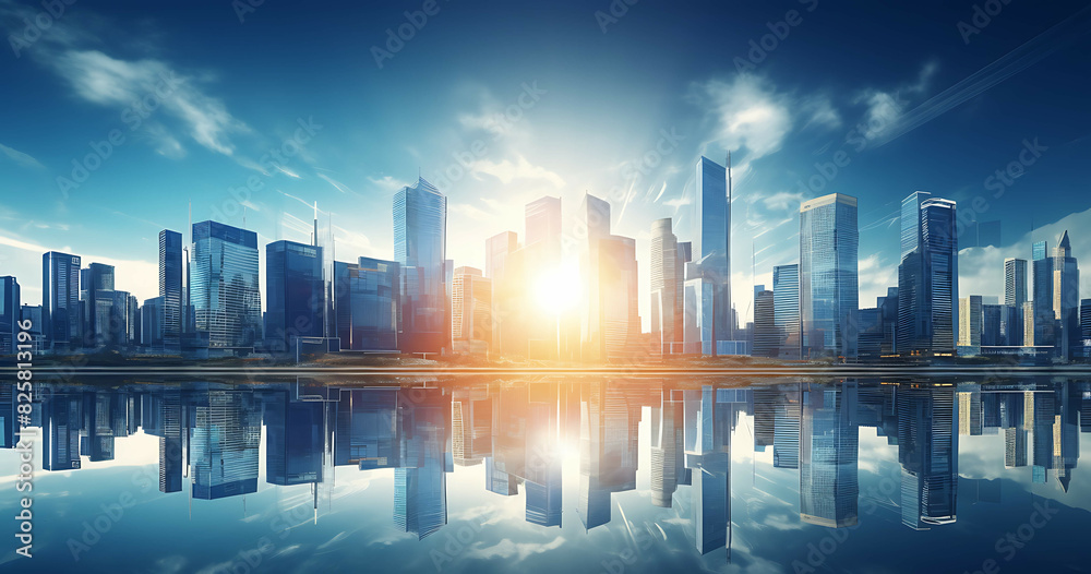 Fototapeta premium futuristic financial district modern skyscrapers in smart city with reflections. Generative AI