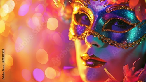 Capture the beauty of a woman wearing a Venetian carnival mask against a vibrant, colorful background, with room for event details or promotional text.  © Borin