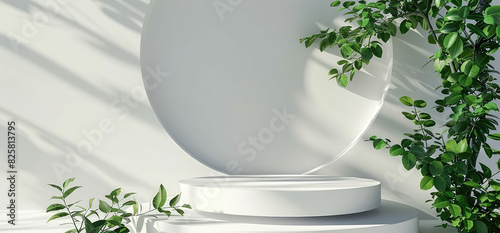 3D render white empty podium platform with green plants on both sides and natural shadow light background for product display presentation. Created with Ai