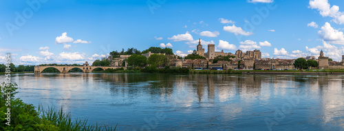 Panorama of Avignon with the Saint Benezet bridge over the Rhone river, in Vaucluse, in Provence, France photo