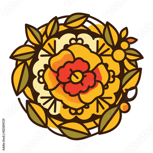 Stylized Yellow Flower with Red Center and Green Leaves