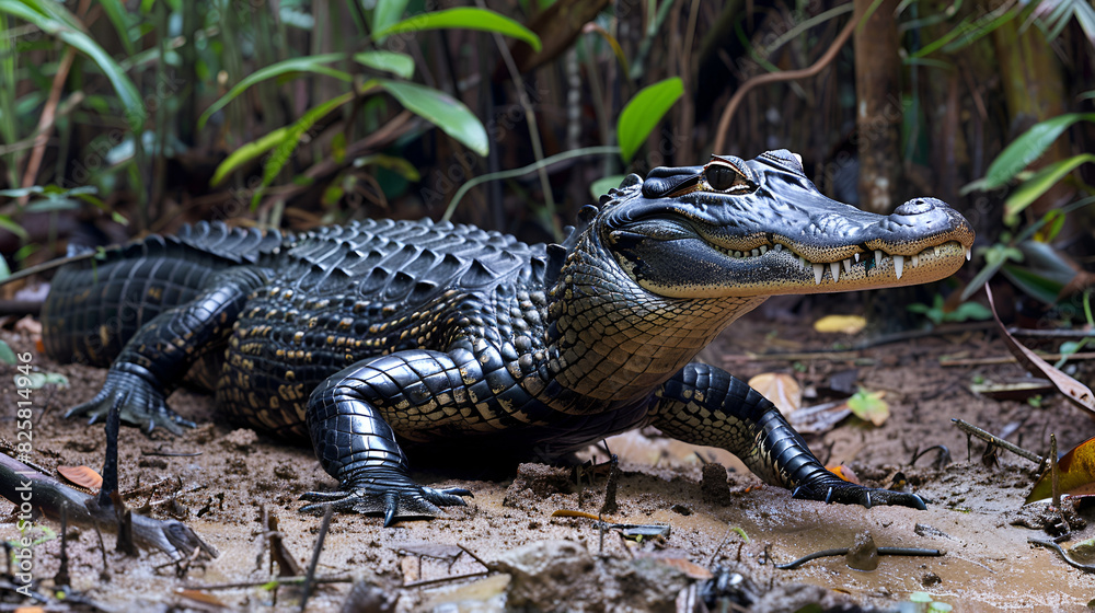 Fototapeta premium Black caiman Melanosuchus niger Amazon rainforest, generative Ai