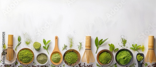 Matcha tea preparation flat lay  bamboo whisk  green tea powder  leaves  white background  clean and bright  copy space