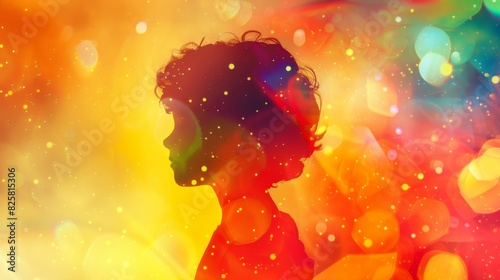 A silhouette of a person with short hair stands against a vibrant background of swirling colors and twinkling lights. photo