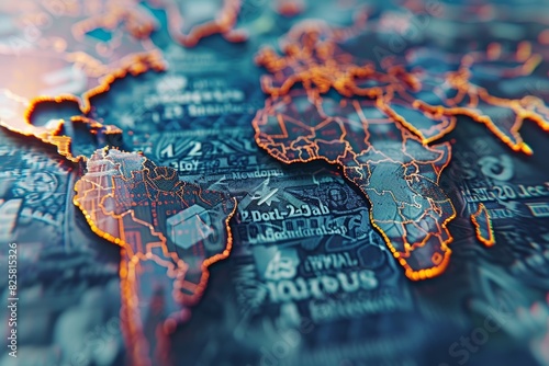 A stylized world map with continents outlined in orange and blue, featuring intricate details and abstract patterns. photo