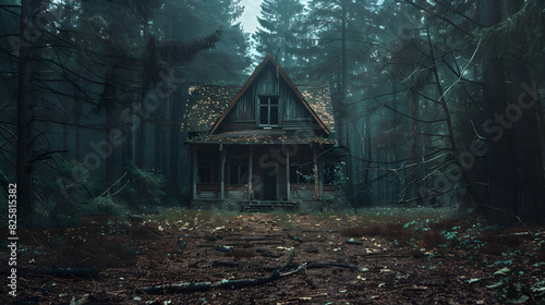 An old abandoned broken wooden house in the middle of the forest like a scene from a western movie. Concept of horror with ghosts. 