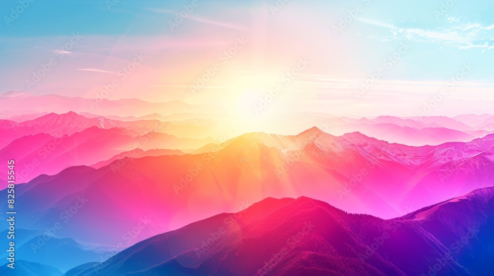 Vibrant sunrise over a mountain range with colorful clouds.