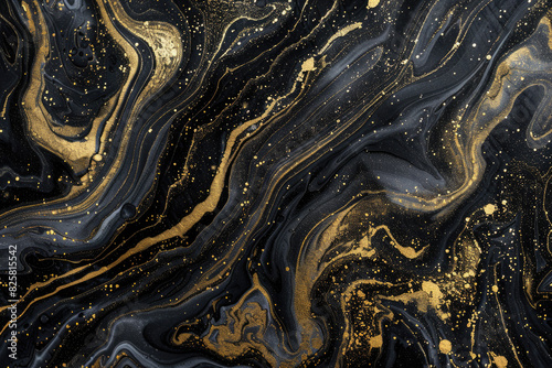 Black and gold marble pattern, fluid lines, dark background, in the style of Chinese artist. Created with Ai