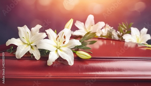 close up of white lily, lily of the valley on wooden background, bouquet of tulips on a white, bouquet of white flowers, bouquet of lilies of the valley, coffin is decorated with branch of white lilie photo