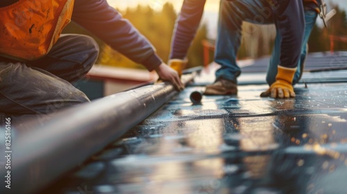 Two workers carefully unrolling large sheets of roofing material on the roofs edge before securing them into place.