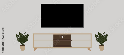 Smart TV on the white wall in living room,minimal design.Vector.