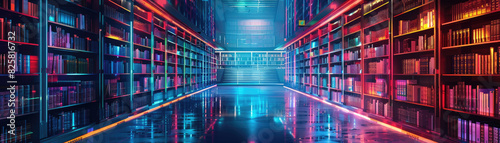 A library with neon lights and shelves of books. Scene is bright and energetic, with the neon lights adding a futuristic touch to the scene. The idea of the image is to showcase the vastness