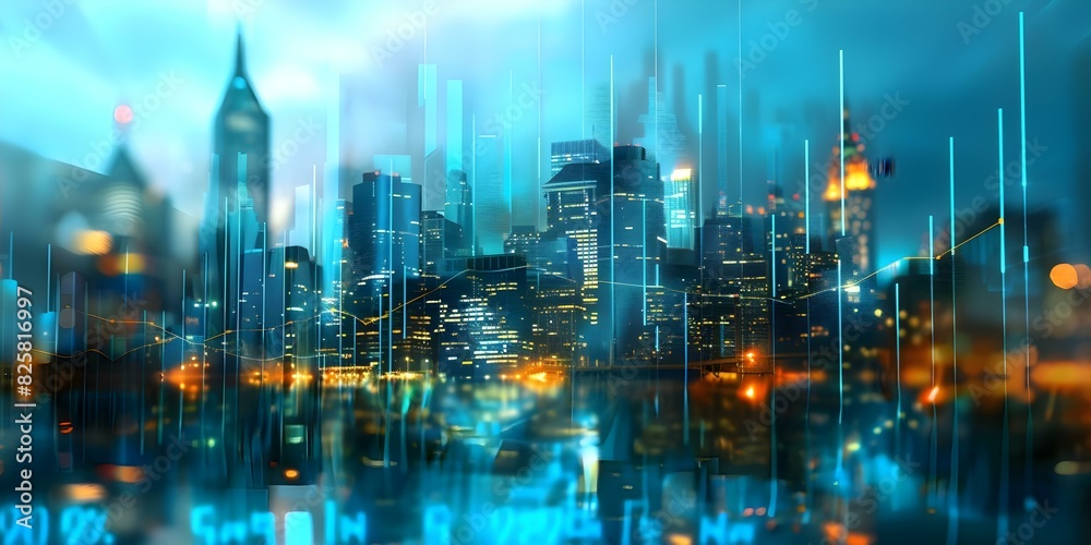 Urban Economic Growth Reflected in Glass Graph Against Steel Blue Cityscape. Concept Urban Development, Economic Growth, Glass Graph, Steel Blue Cityscape, City Reflections