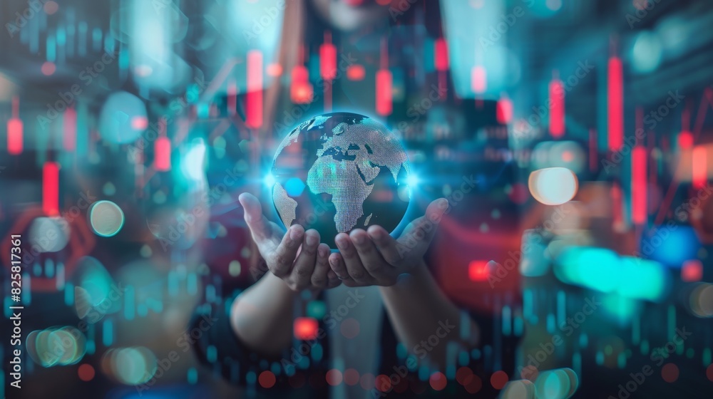 Fototapeta premium A businesswoman presents a glowing digital globe, depicting concepts of global connectivity and international commerce