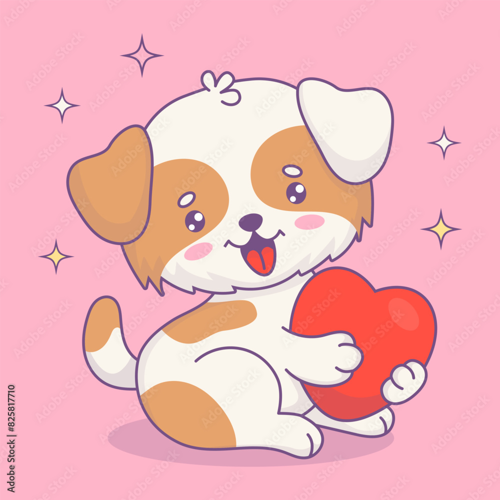 Cute happy puppy with heart. Funny cartoon kawaii character animal. Vector illustration Cute happy puppy with heart. Funny cartoon kawaii character animal. Vector illustration