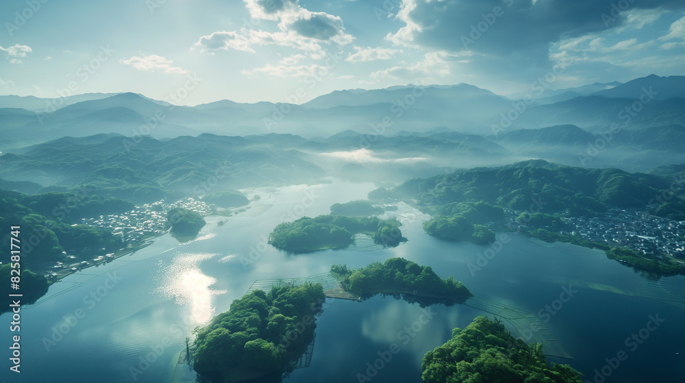 Fototapeta premium Serene lake view with misty mountains at dawn