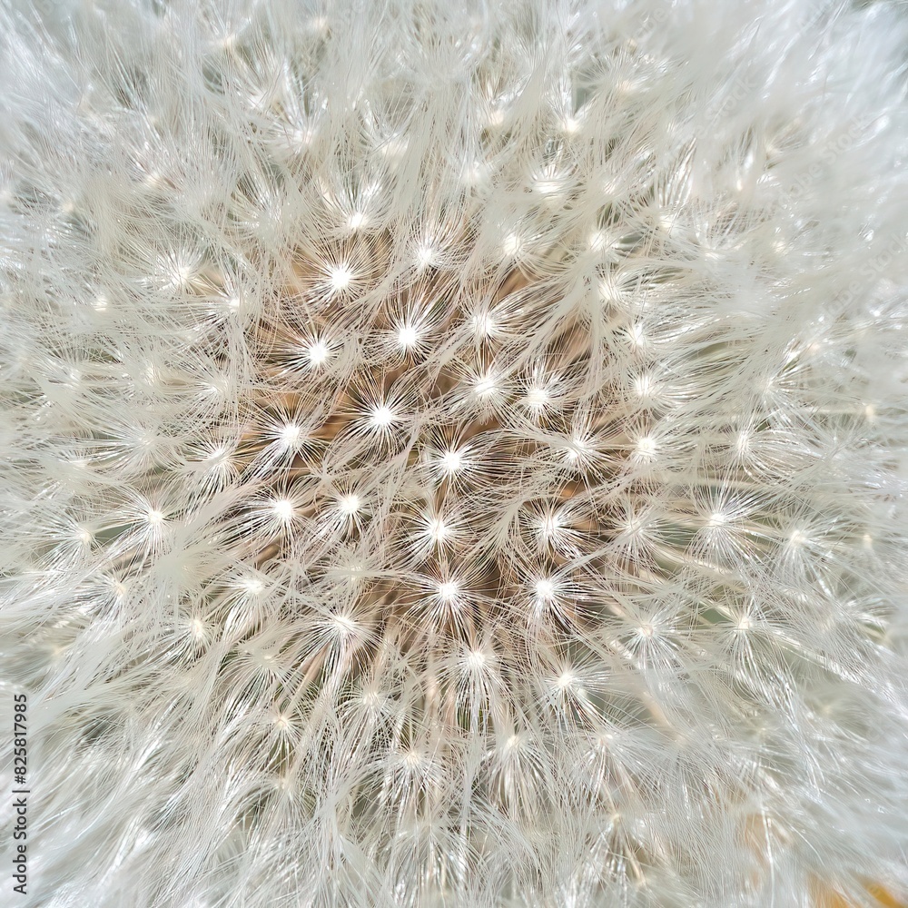 Naklejka premium Beautiful fluffy dandelion flower, close-up. Dandelion seeds background. Seed macro close up.