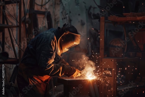 A male welder in protective clothing and a mask works in a factory, workshop or garage. Welding of metal structures, industrial production. Orange sparks