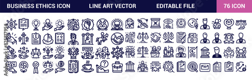 Business ethics icons set Collection. Teamwork in the workplace. Reaching goals together. Isolated vector illustrations. Simple filled line drawings collection. Editable stroke.