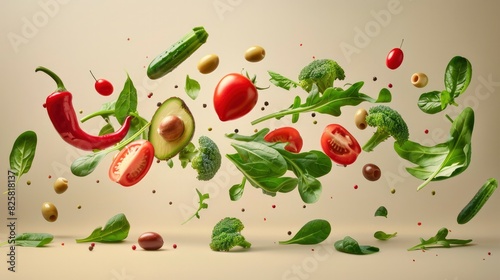Creative food background. Levitation of fresh vegetables  tomato  cucumber  lettuce  spinach  olives  pepper on a beige background. Ingredients for preparing the salad