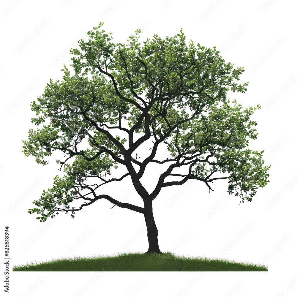 A charming 2D clipart depiction of a tree in full bloom, with branches spread wide and an array of green leaves. The tree's silhouette is bold and clear against a pristine white background, A charming 2D clipart depiction of a tree in full bloom, with branches spread wide and an array of green leaves. The tree's silhouette is bold and clear against a pristine white background,