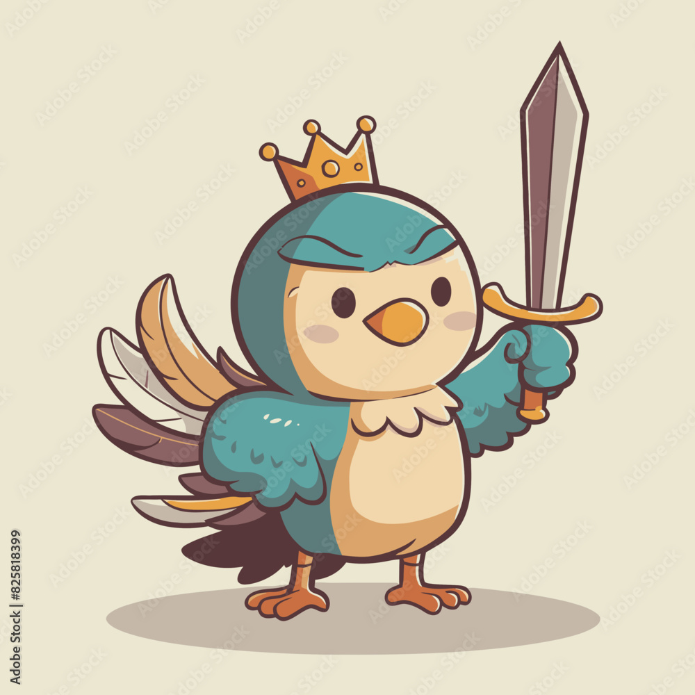 Cute retro cartoon blue bird holding a sword bravely Cute retro cartoon blue bird holding a sword bravely