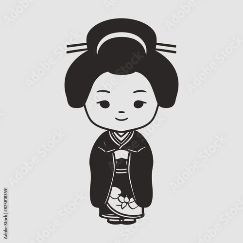 Cartoon illustration in black and white for a geisha