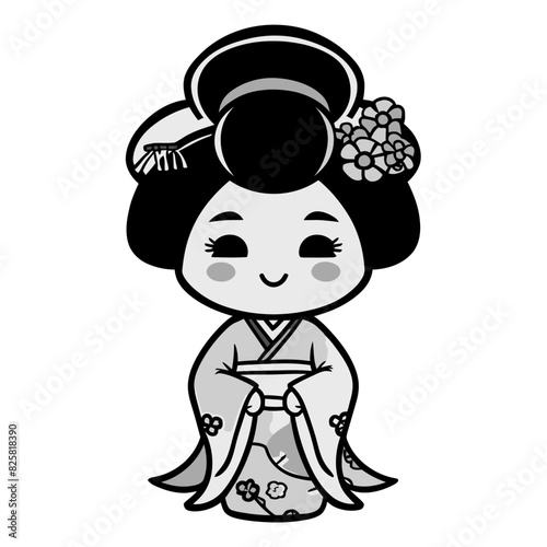 Black and white cartoon illustration of a geisha