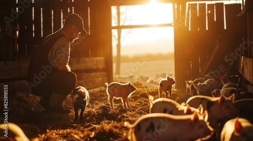 Agriculture with piglets and farmers in the countryside photo